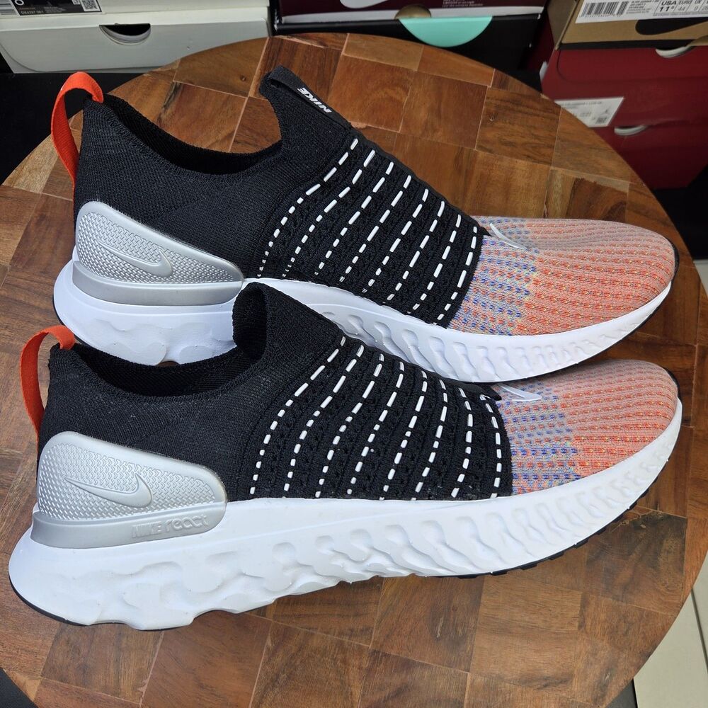 Nike React Phantom Run Flyknit 2 Shoes Black White Orange DQ7647-001 Men Sz 10